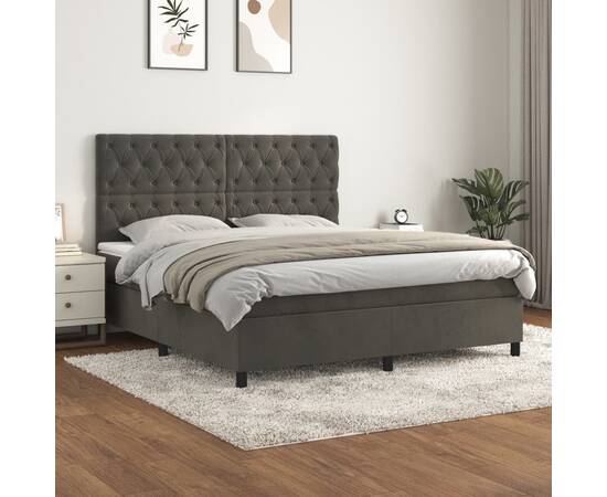 Pat box spring cu saltea, gri închis, 160x200 cm, catifea