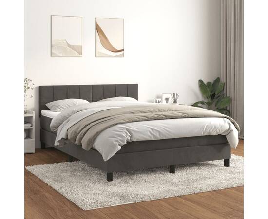 Pat box spring cu saltea, gri închis, 140x190 cm, catifea