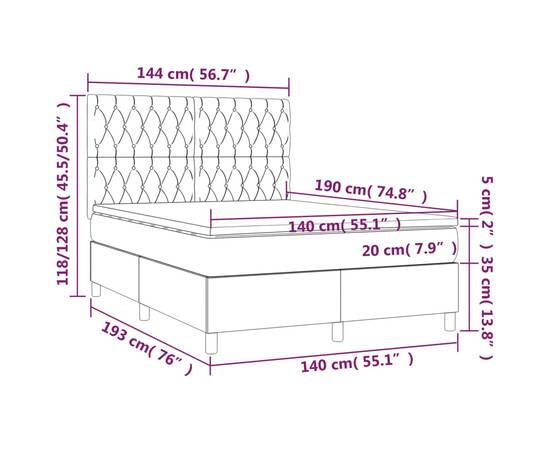 Pat box spring cu saltea, gri deschis, 140x190 cm, textil, 6 image