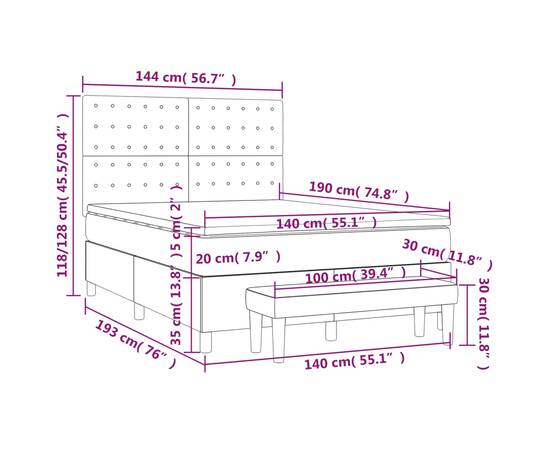 Pat box spring cu saltea, gri deschis, 140x190 cm, textil, 8 image