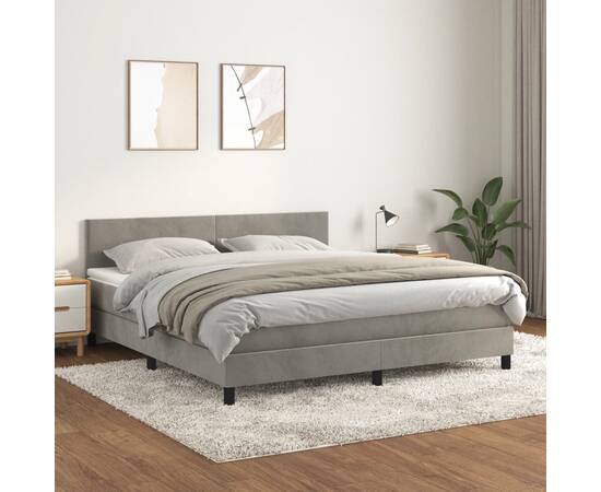 Pat box spring cu saltea, gri deschis, 160x200 cm, catifea