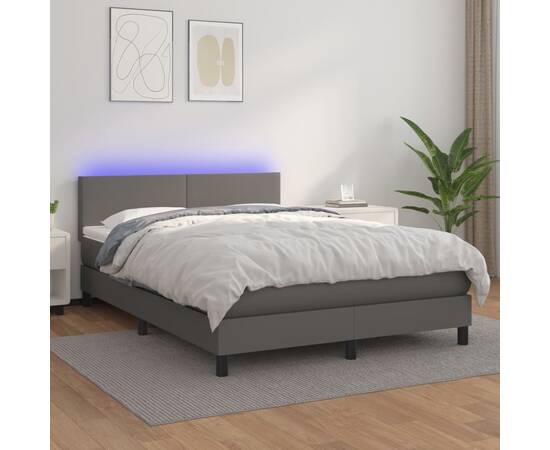 Pat cu arcuri, cu saltea & led, gri, 140x190 cm, piele eco