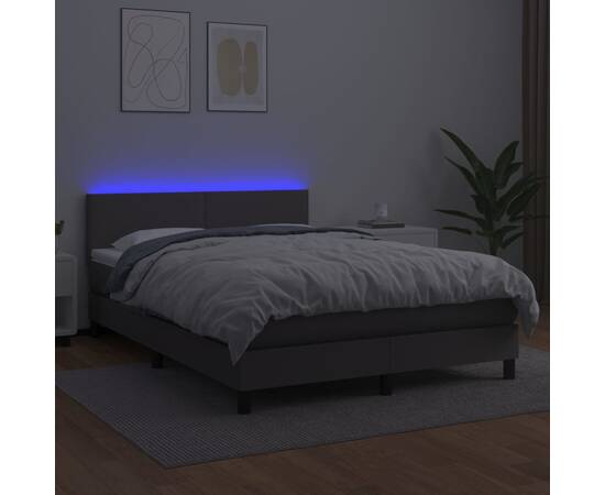 Pat cu arcuri, cu saltea & led, gri, 140x190 cm, piele eco, 4 image