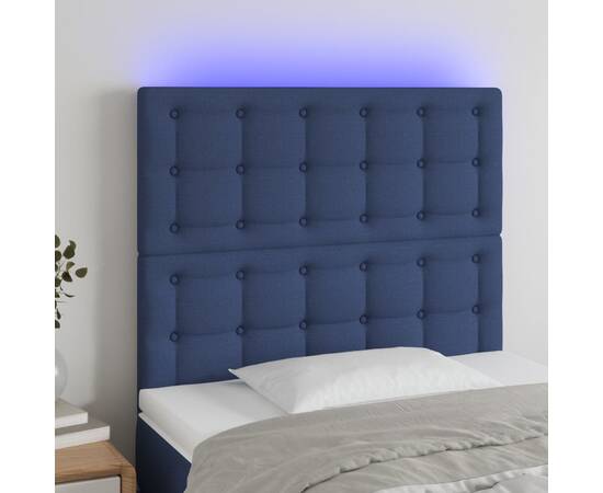 Tăblie de pat cu led, albastru, 90x5x118/128 cm, textil