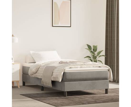 Pat box spring cu saltea, gri deschis, 90x200 cm, catifea