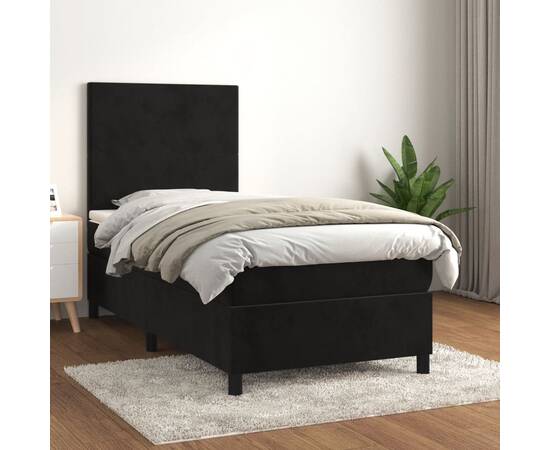 Pat box spring cu saltea, negru, 90x200 cm, catifea