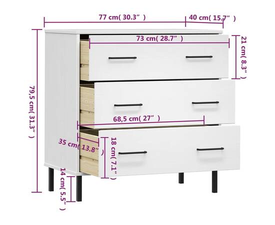Servantă cu 3 sertare, alb, 77x40x79,5 cm, lemn masiv oslo, 8 image