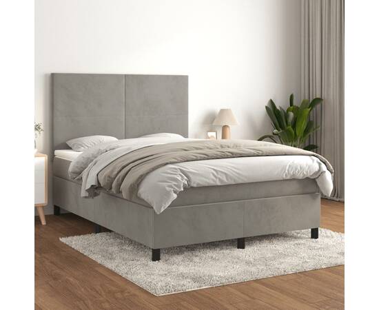 Pat box spring cu saltea, gri deschis, 140x190 cm, catifea