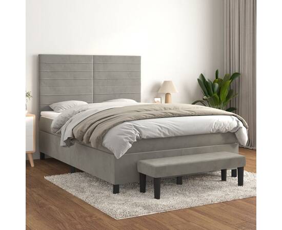 Pat box spring cu saltea, gri deschis, 140x190 cm, catifea