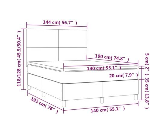 Pat box spring cu saltea, gri deschis, 140x190 cm, catifea, 6 image