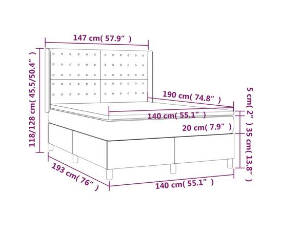 Pat continental cu saltea și led gri deschis 140x190 cm catifea, 8 image