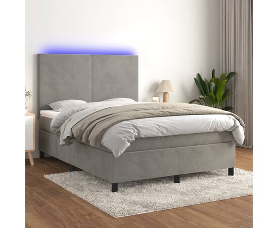 Pat continental cu saltea și led gri deschis 140x190 cm catifea