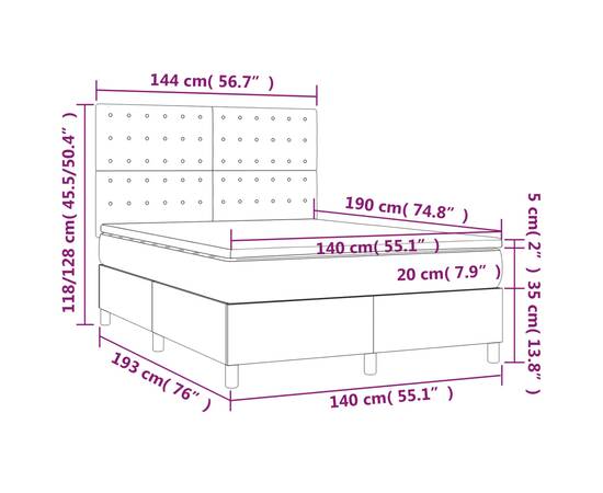 Pat box spring cu saltea, gri deschis, 140x190 cm, textil, 6 image