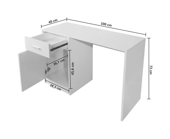 Birou cu sertar și dulap, 100 x 40 x 73 cm, alb, 6 image