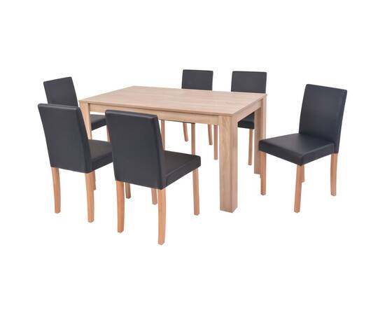Masă și scaune 7 piese, piele artificială, stejar, negru, 3 image