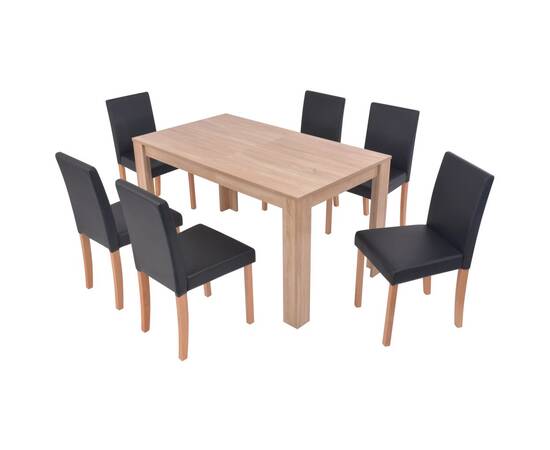 Masă și scaune 7 piese, piele artificială, stejar, negru, 2 image