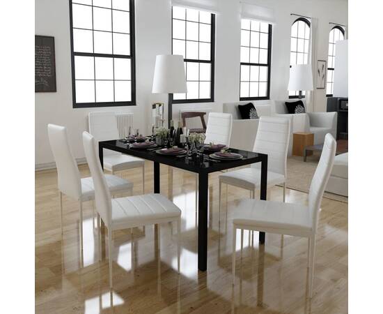 Set masă și scaune de bucătărie 7 piese alb și negru