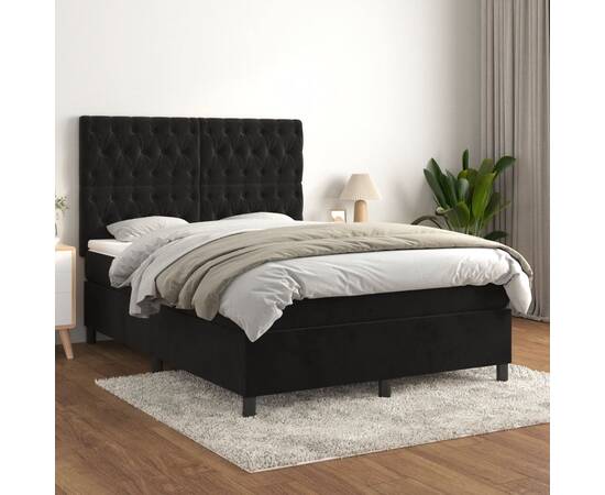 Pat box spring cu saltea, negru, 140x190 cm, catifea