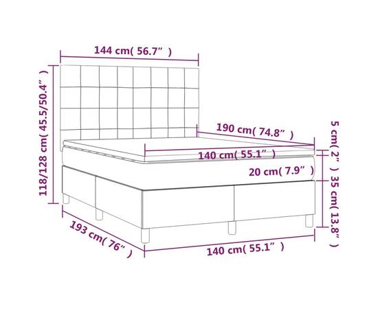 Pat continental cu saltea și led gri deschis 140x190 cm catifea, 8 image