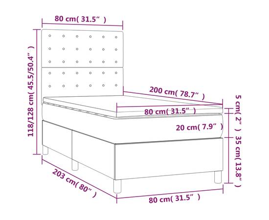 Pat continental cu saltea & led, gri deschis, 80x200 cm catifea, 8 image