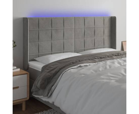 Tăblie de pat cu led, gri deschis, 203x16x118/128 cm, catifea