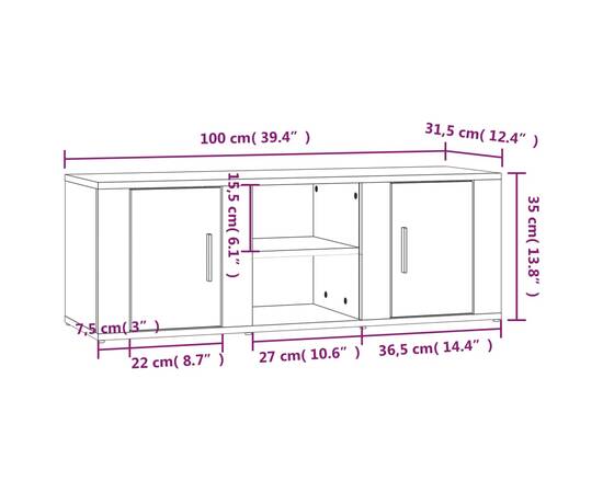 Comodă tv, alb, 100x31,5x35 cm, lemn prelucrat, 9 image