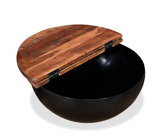 Măsuță de cafea, negru, lemn masiv reciclat, formă bol, 3 image