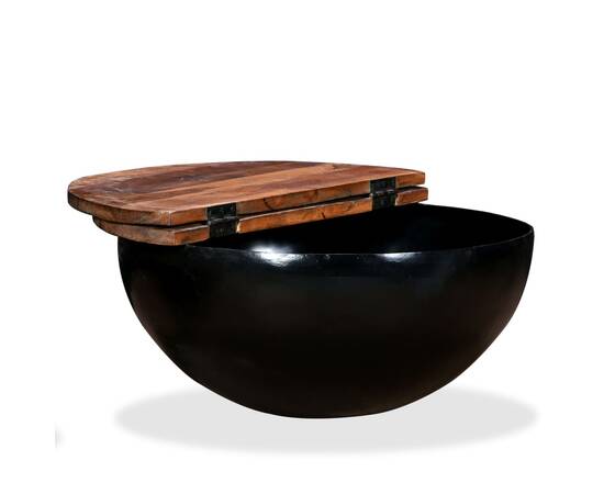 Măsuță de cafea, negru, lemn masiv reciclat, formă bol, 4 image