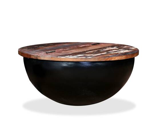 Măsuță de cafea, negru, lemn masiv reciclat, formă bol, 9 image