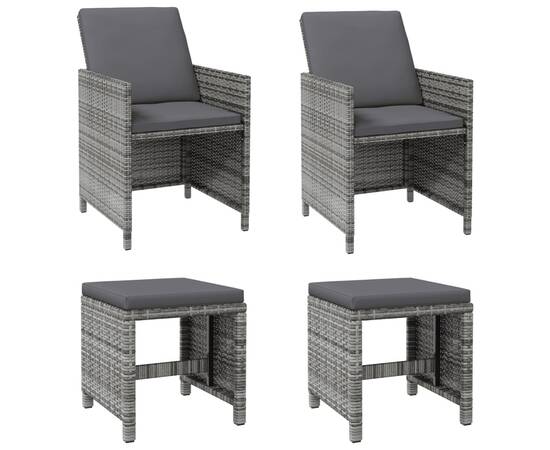 Set scaune de grădină și taburet, 4 piese, gri, poliratan, 2 image