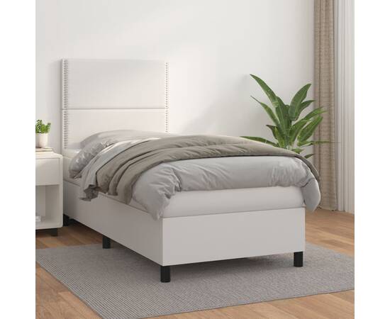 Pat box spring cu saltea, alb, 90x190 cm, piele ecologică