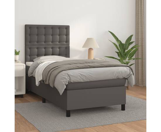 Pat box spring cu saltea, gri, 80x200 cm, piele ecologică