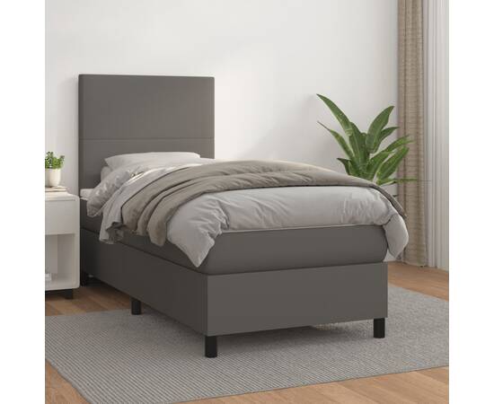 Pat box spring cu saltea, gri, 90x190 cm, piele ecologică