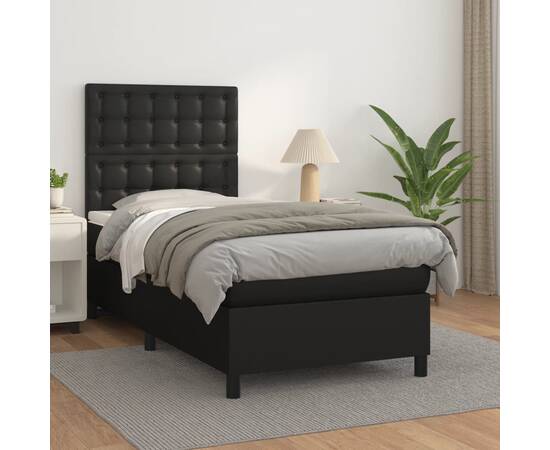 Pat box spring cu saltea, negru, 100x200 cm, piele ecologică