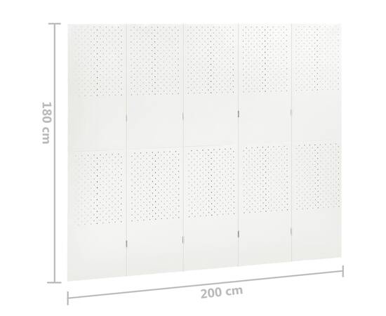 Paravan de cameră cu 5 panouri, alb, 200x180 cm, oțel, 6 image