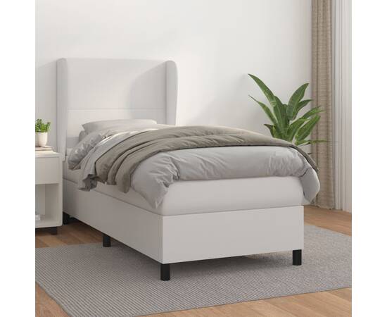 Pat box spring cu saltea, alb, 90x200 cm, piele ecologică