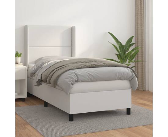 Pat box spring cu saltea, alb, 90x200 cm, piele ecologică