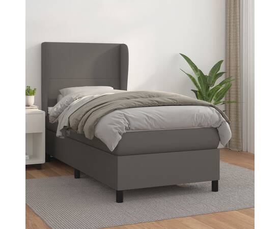 Pat box spring cu saltea, gri, 80x200 cm, piele ecologică