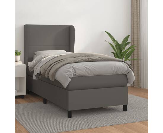 Pat box spring cu saltea, gri, 90x200 cm, piele ecologică