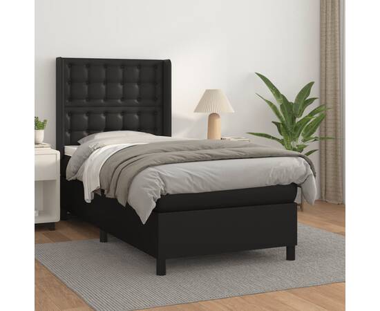 Pat box spring cu saltea, negru, 100x200 cm, piele ecologică