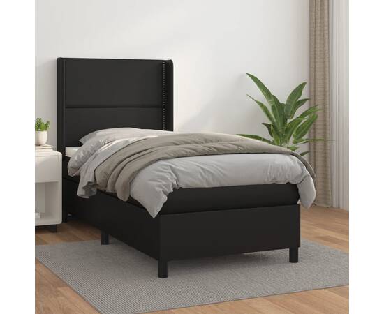 Pat box spring cu saltea, negru, 100x200 cm, piele ecologică