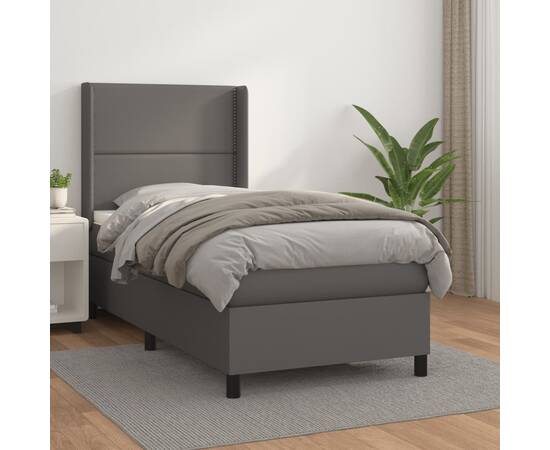 Pat box spring cu saltea, gri, 90x190 cm, piele ecologică