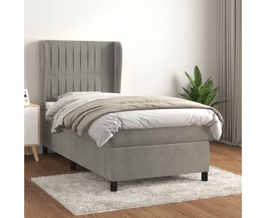 Pat box spring cu saltea, gri deschis, 100x200 cm, catifea