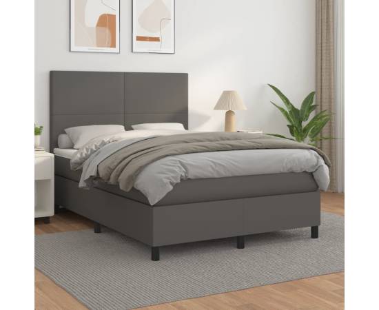 Pat box spring cu saltea, gri, 140x190 cm, piele ecologică