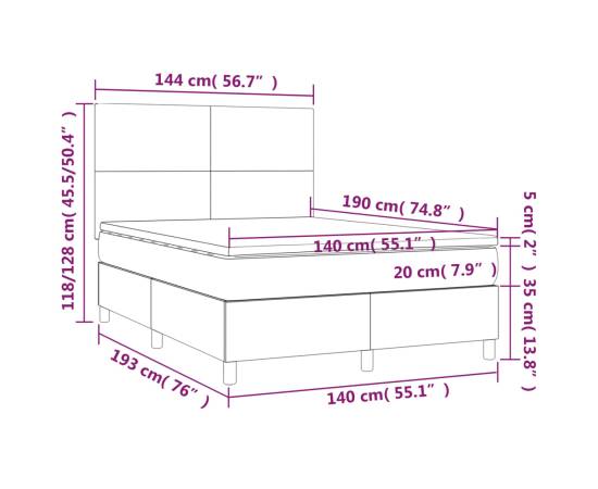 Pat box spring cu saltea, gri, 140x190 cm, piele ecologică, 6 image