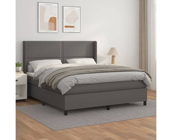 Pat box spring cu saltea, gri, 160x200 cm, piele ecologică