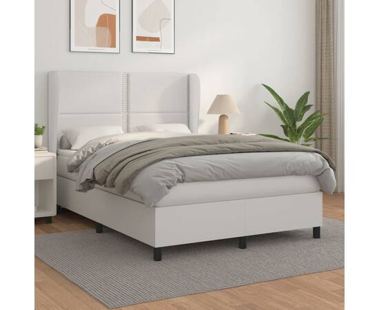 Pat box spring cu saltea, alb, 140x190 cm, piele ecologică