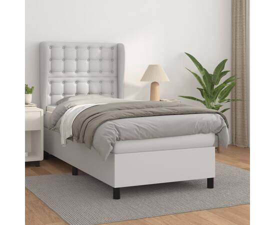 Pat box spring cu saltea, alb, 80x200 cm, piele ecologică