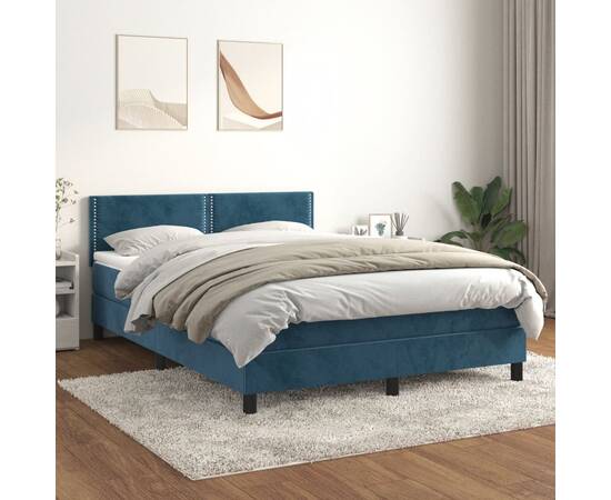 Pat box spring cu saltea, albastru închis, 140x190 cm, catifea