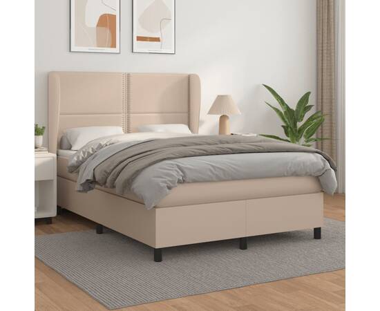 Pat box spring cu saltea, cappuccino, 140x190cm piele ecologică